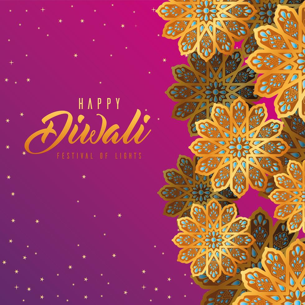 feliz diwali flores doradas sobre fondo rosa diseño vectorial vector