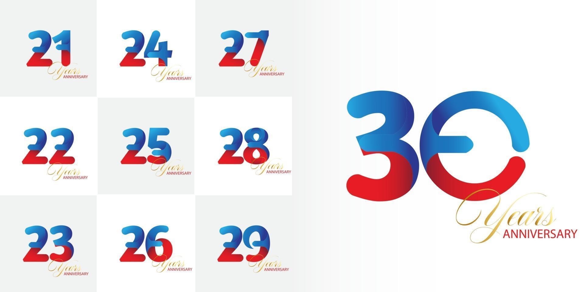 set 21, 22, 23, 24, 25, 25, 26, 27, 28, 29, 30  Year Anniversary celebration set vector