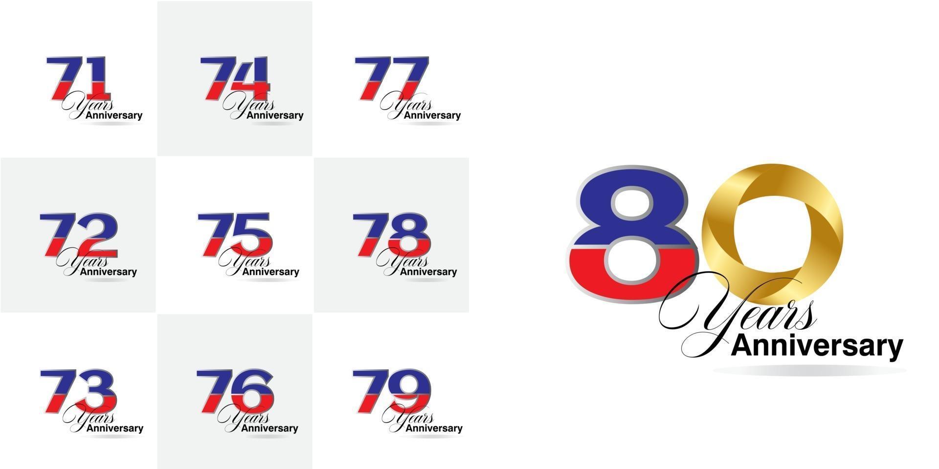 conjunto 71, 72, 73, 74, 75, 76, 77, 78, 79 Conjunto de números de celebración de aniversario de 80 años vector