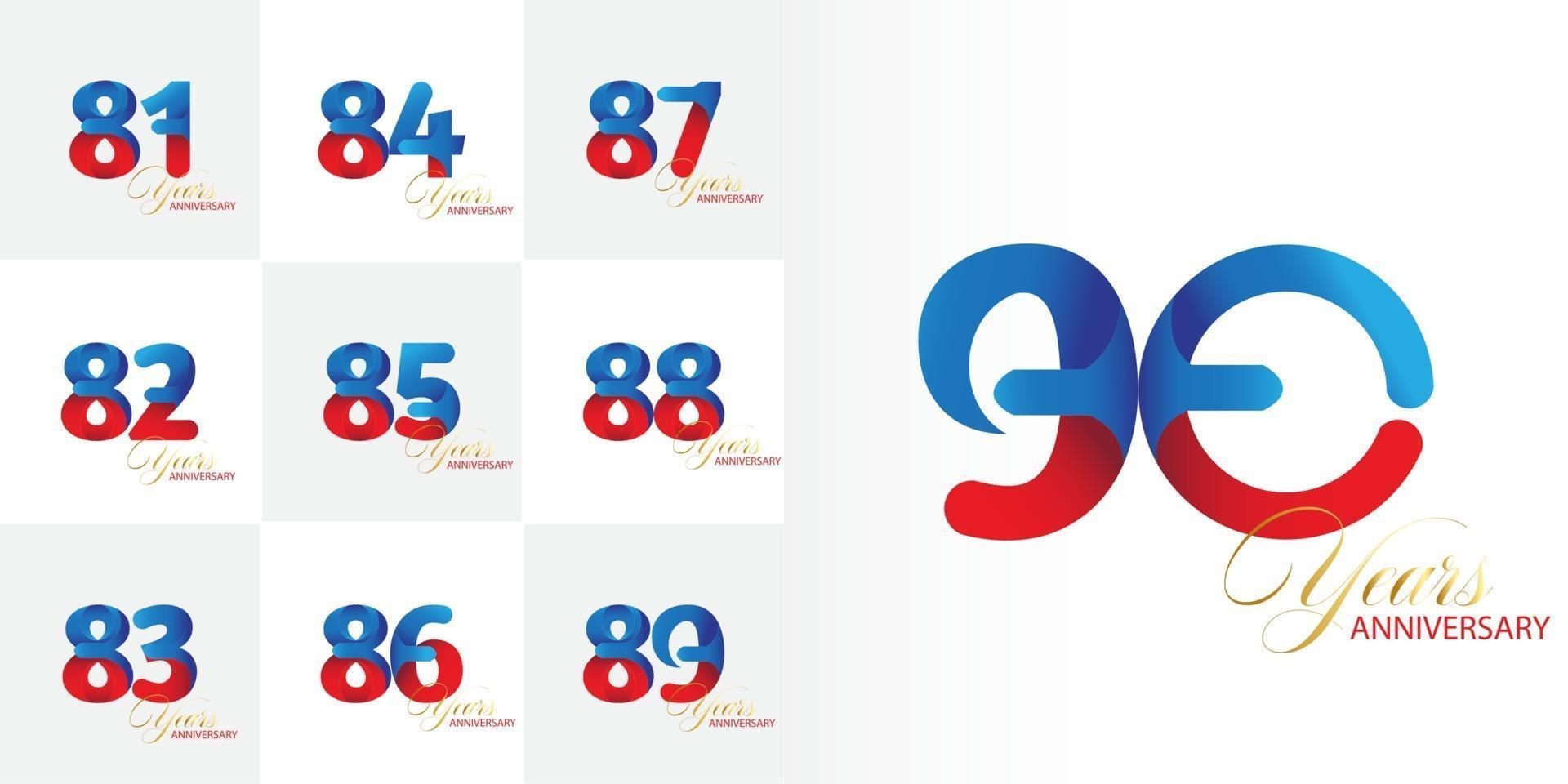 conjunto 81, 82, 83, 84, 85, 86, 87, 88, 89, conjunto de celebración de aniversario de 90 años vector