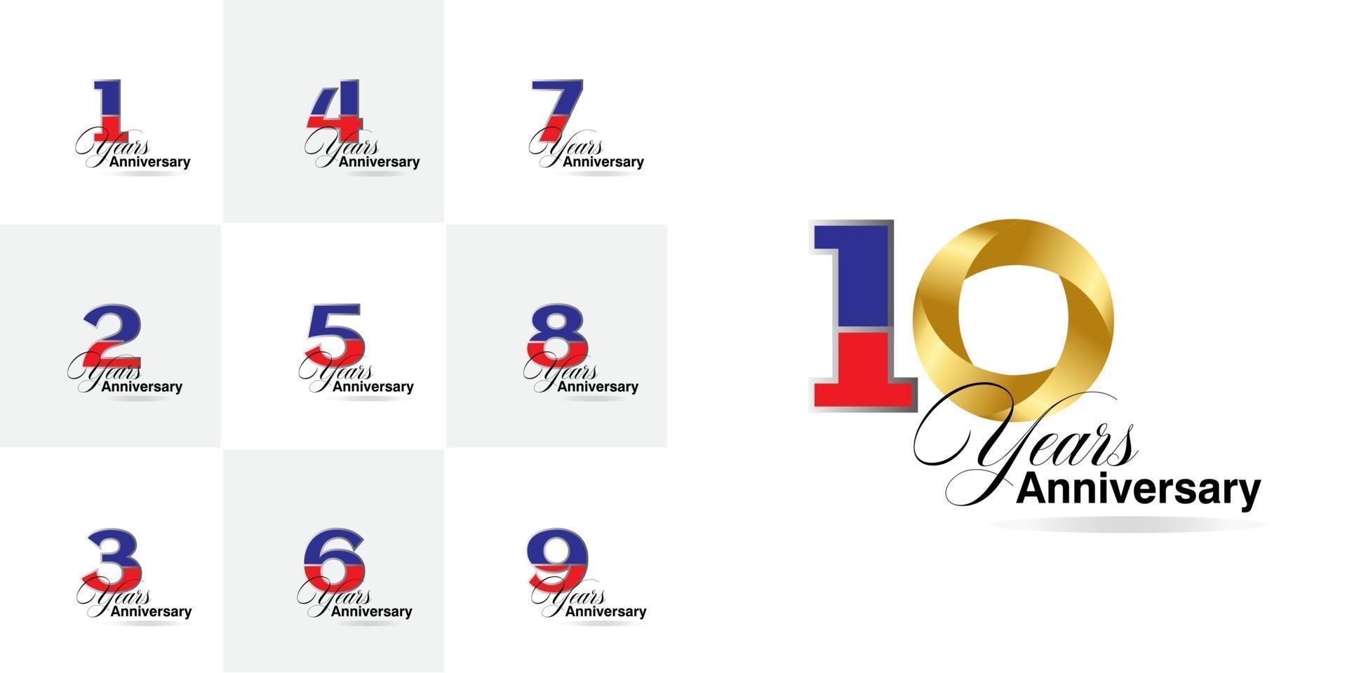 conjunto de números de celebración de aniversario de 1, 2, 3, 4, 5, 6, 7, 8, 9, 10 años vector
