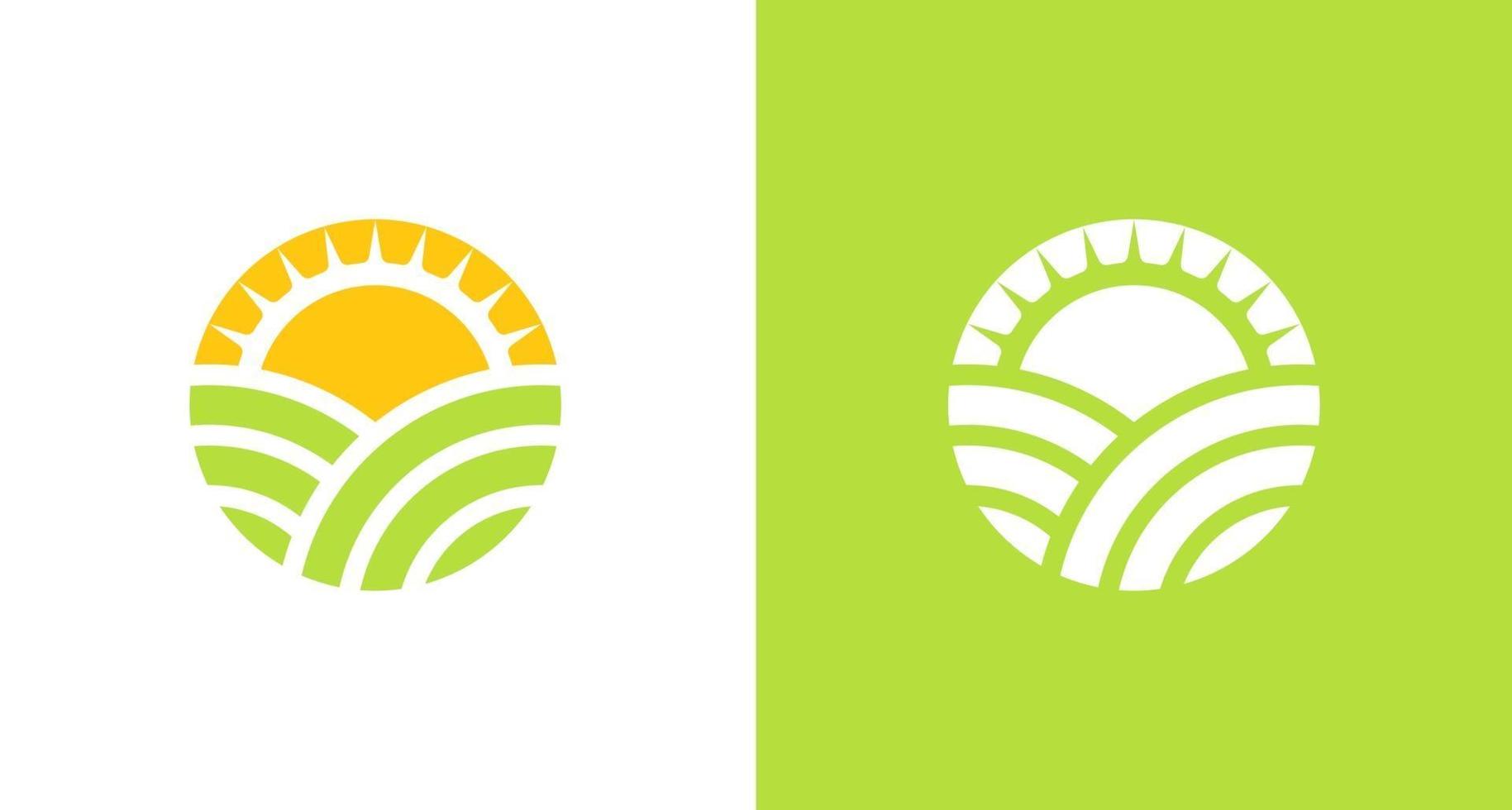 natural and organic farming land logo with sun shine element, simple environmental logo vector