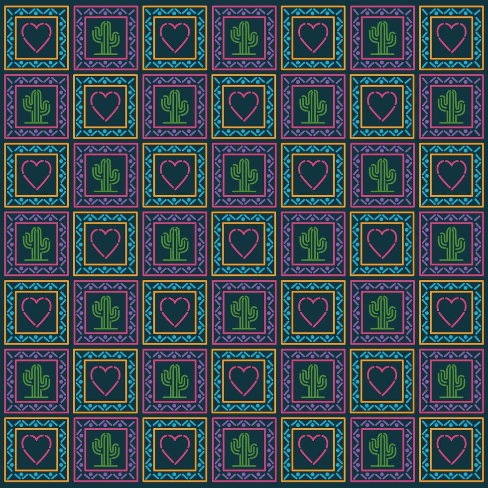 Mexican heart and cactus pattern background vector design