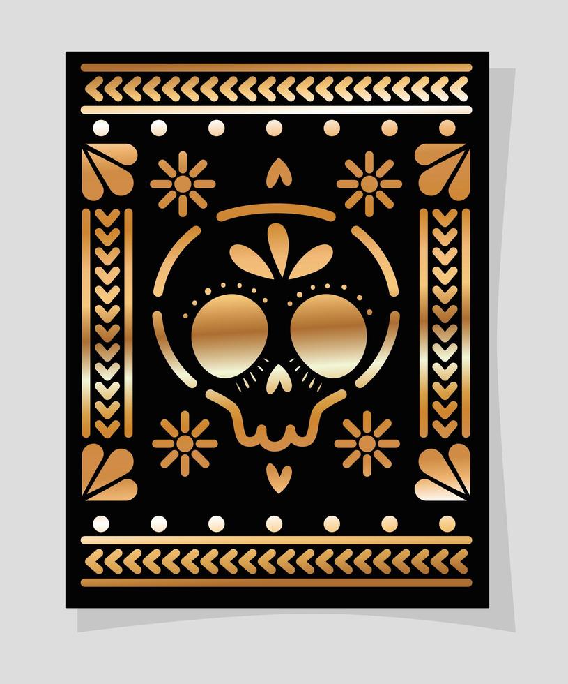 Calavera mexicana de oro y negro en diseño vectorial de marco vector