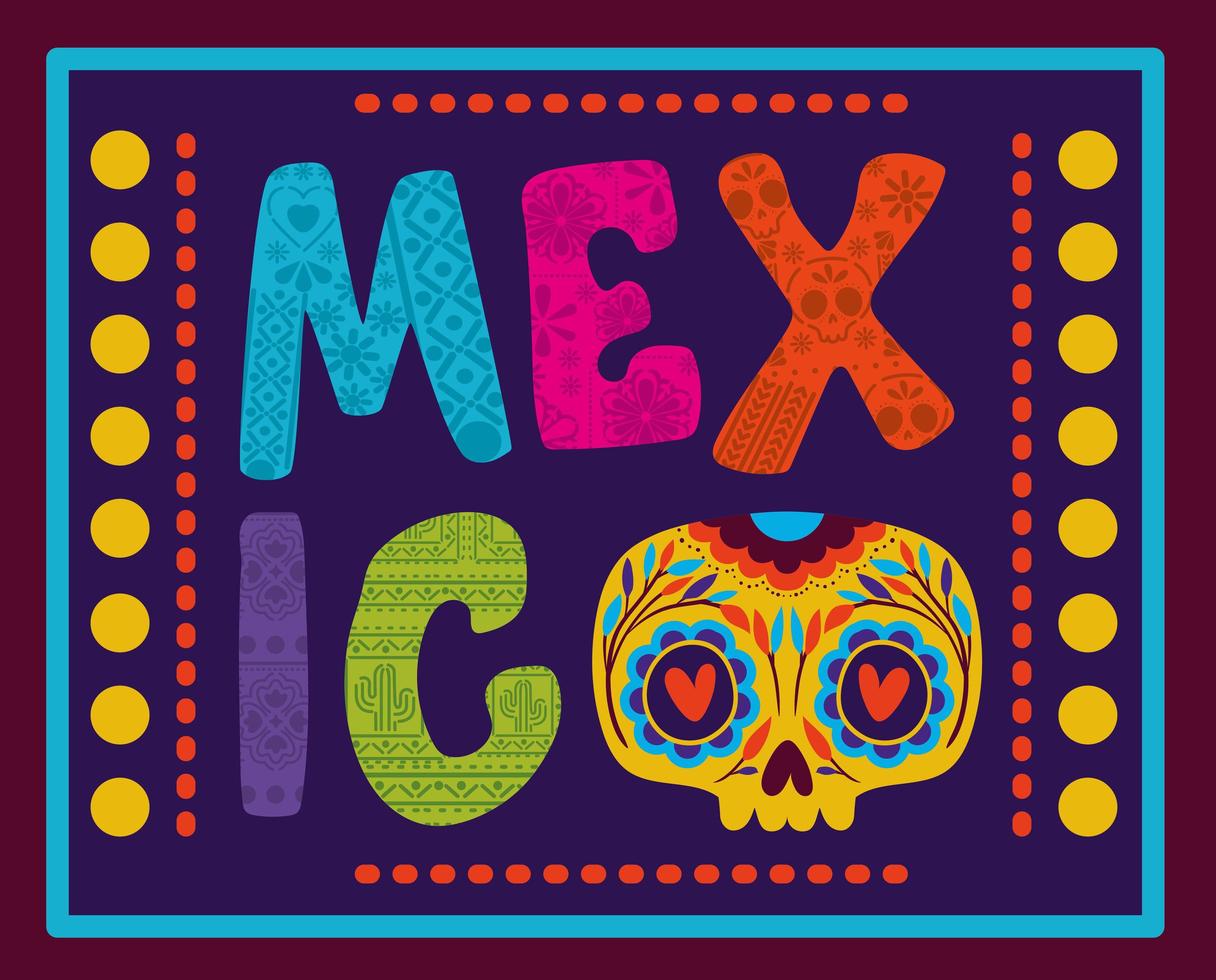 Mexico lettering with skull with colorful frame vector