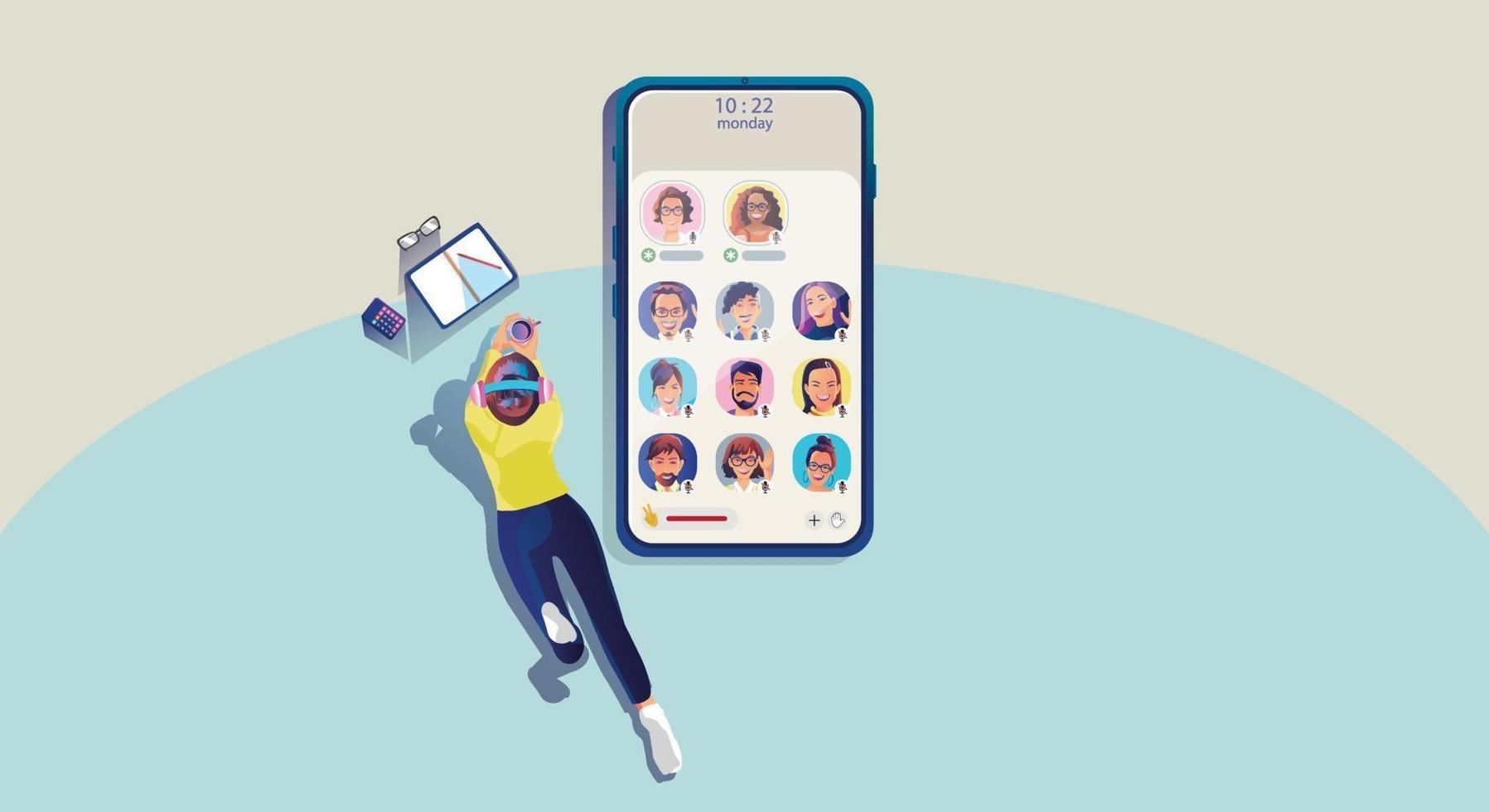 One woman use headphones listens to a smartphone, screen show status of people using social networking applications, Club, house Drop in Audio, learning or meeting online, Vector illustration, Flat