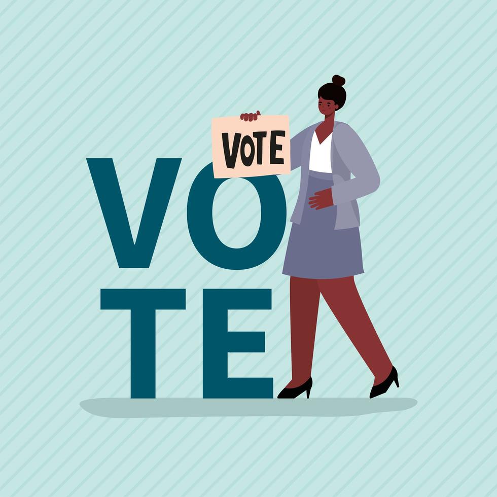 mujer negra con pancarta de voto para el día de las elecciones vector