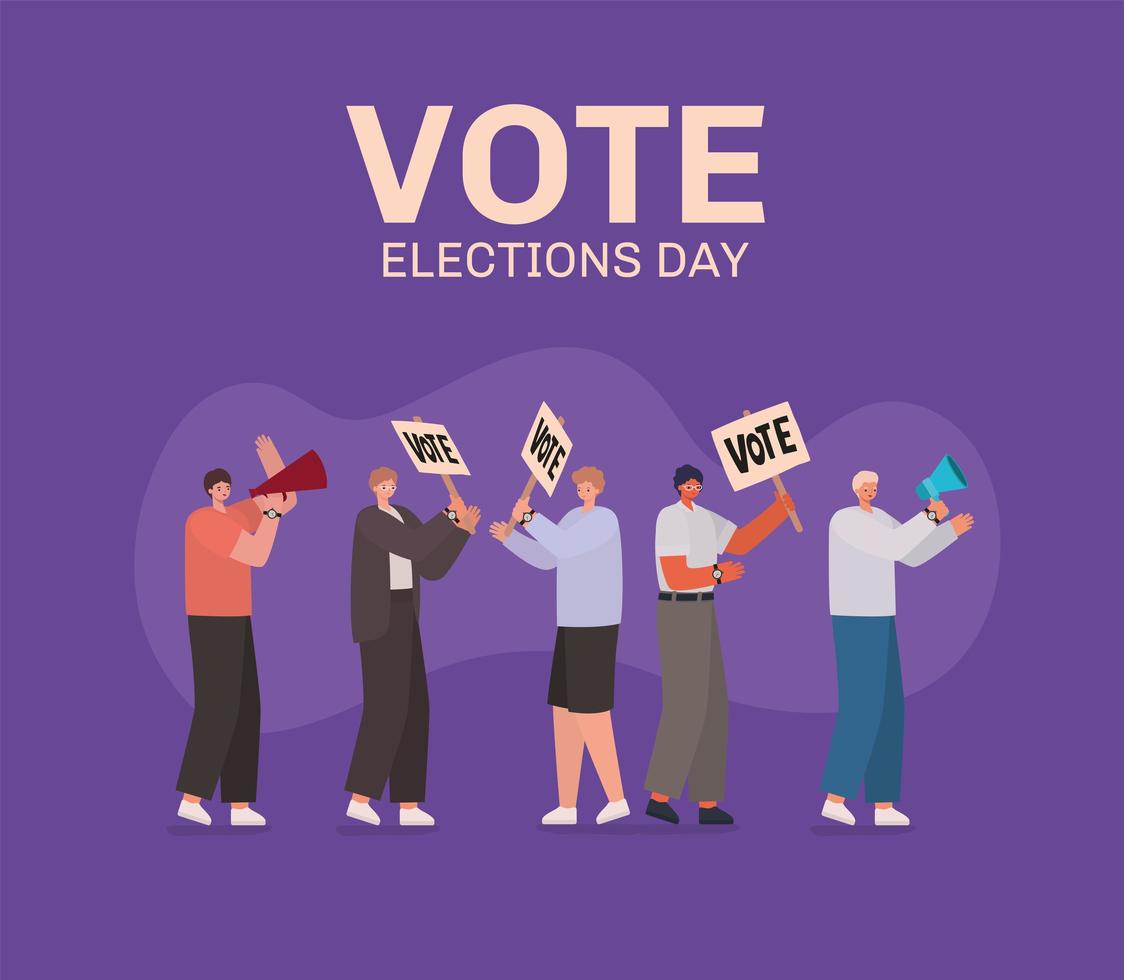 Men with vote banners and megaphone for elections day vector