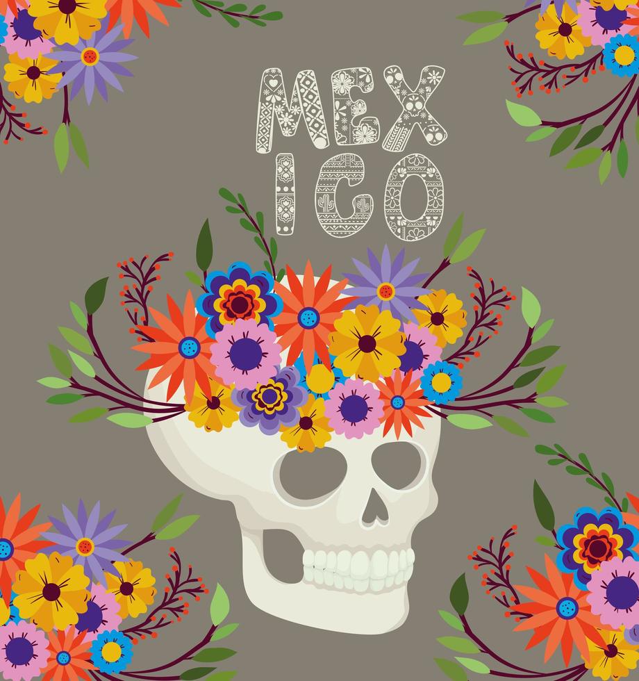 skull with flowers and Mexico lettering vector