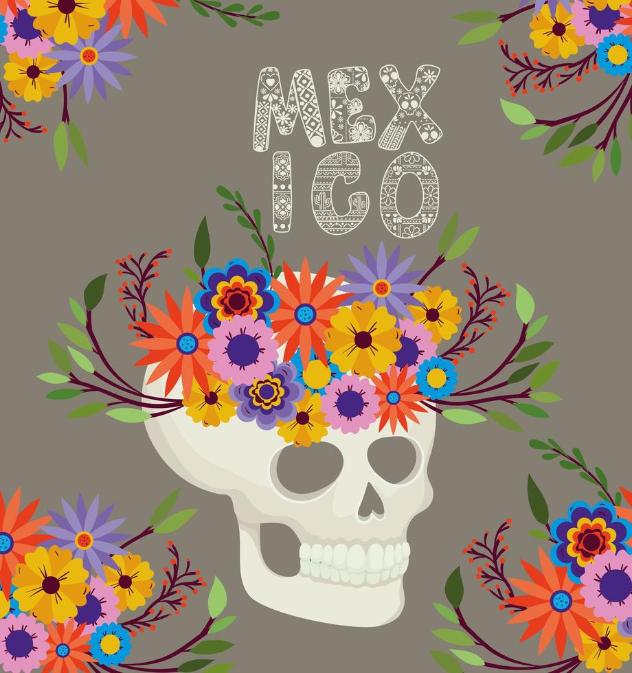 calavera con flores y letras de mexico vector