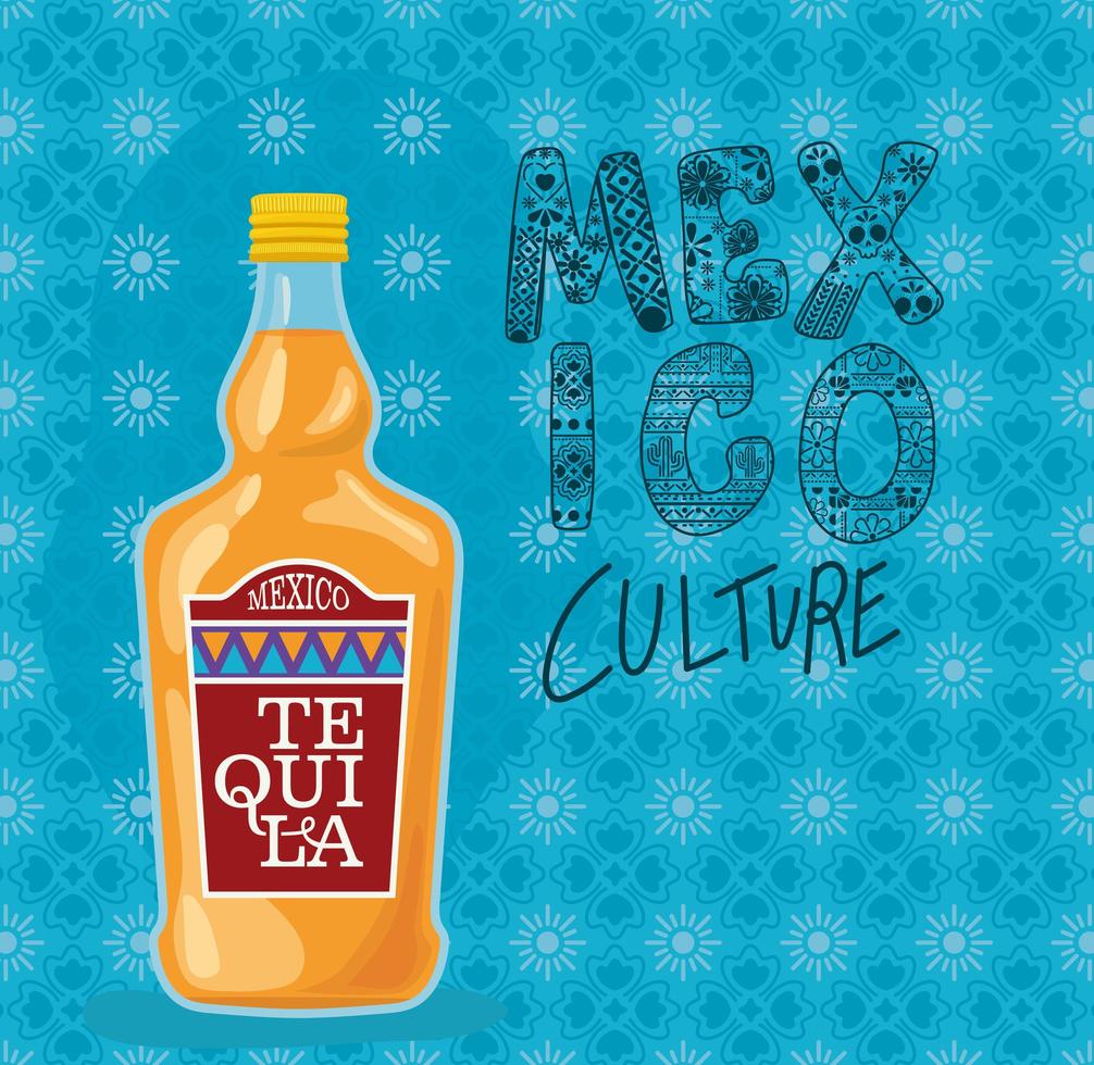 Letras de la cultura de México con diseño de vector de botella de tequila