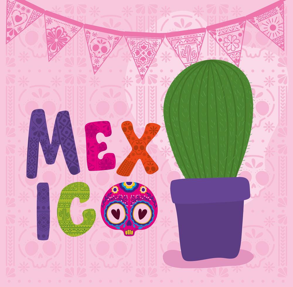 cactus y calavera con diseño de vector de letras de méxico