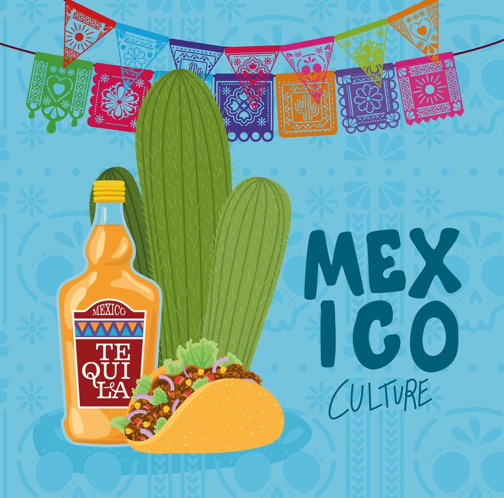 Mexico culture lettering with tequila bottle, taco, and, cactus vector