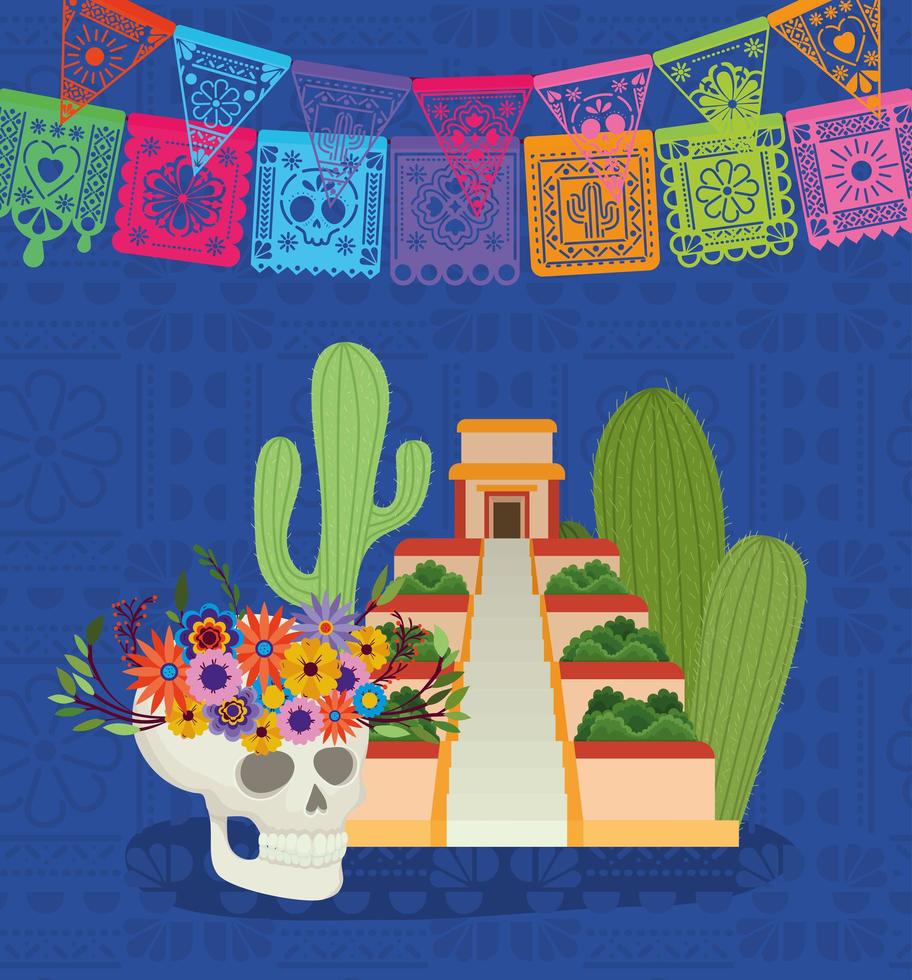 calavera mexicana, pirámide, cactus y banderín vector