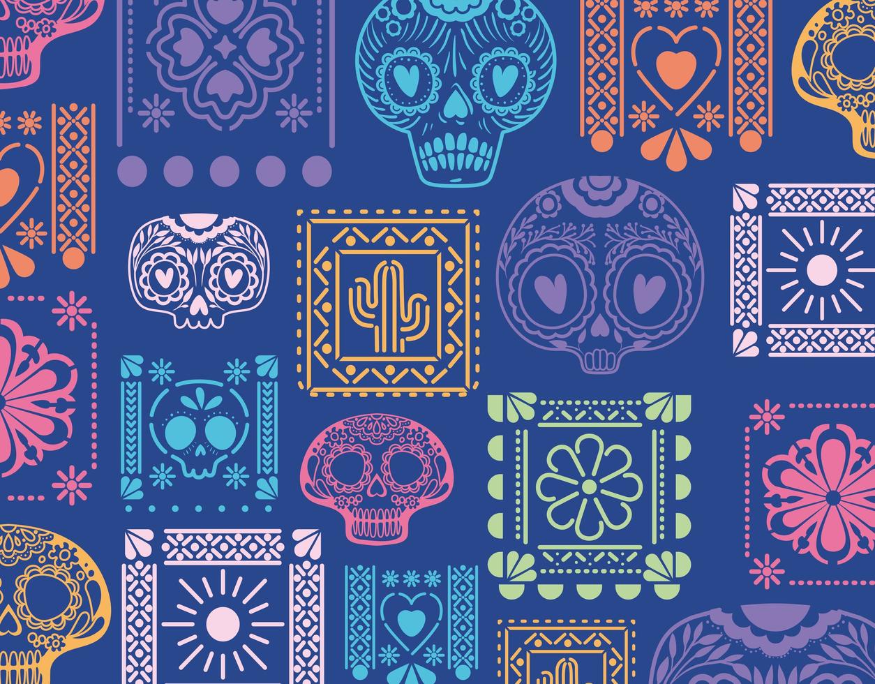 Mexican blue background with skulls and flowers vector design