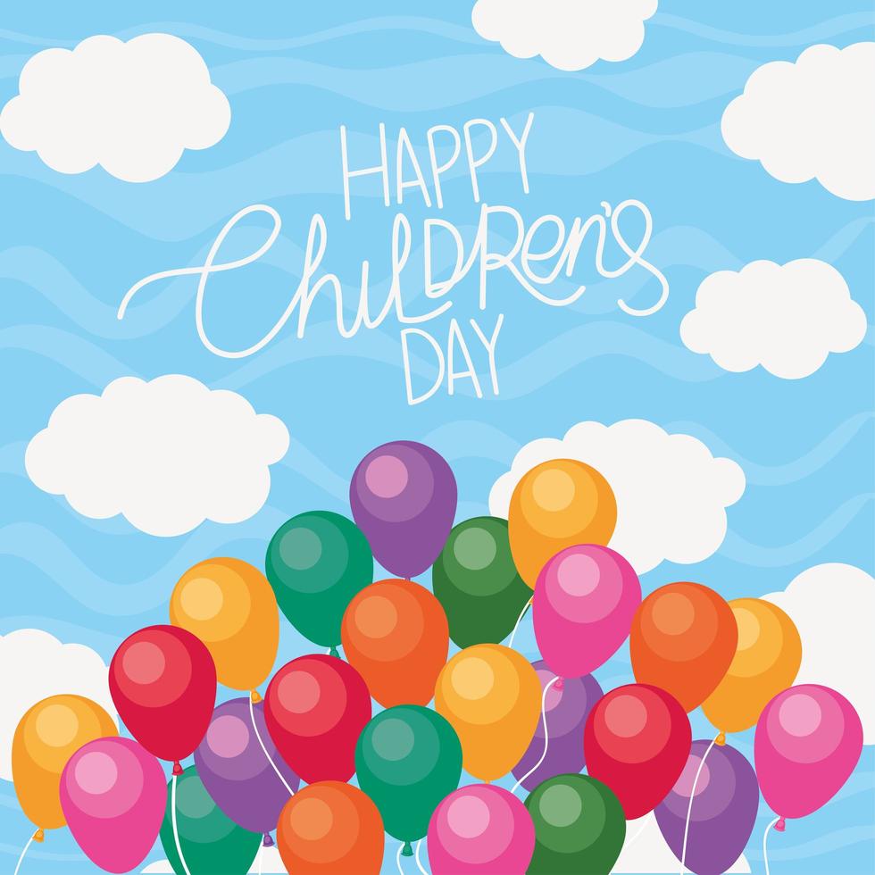 Happy childrens day with balloons and clouds vector design