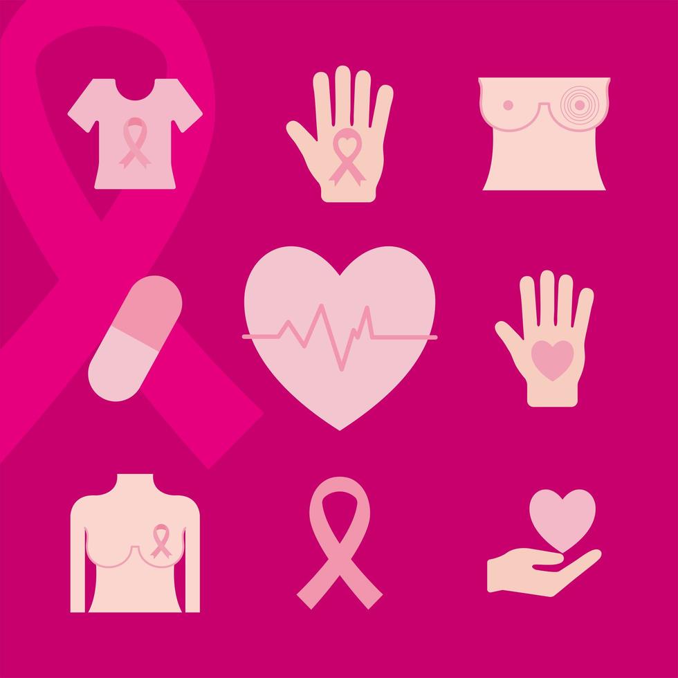 diseño vectorial de conjunto de iconos de conciencia de cáncer de mama vector