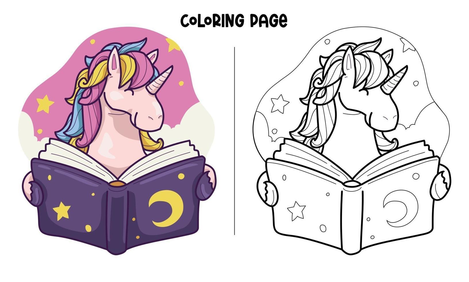Unicorn Reads A Book Coloring Page vector