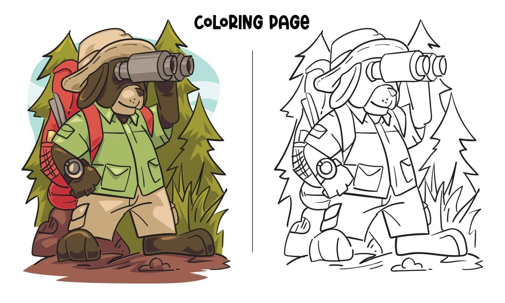 Dog Watching Through Binoculars In The Jungle Coloring Page vector