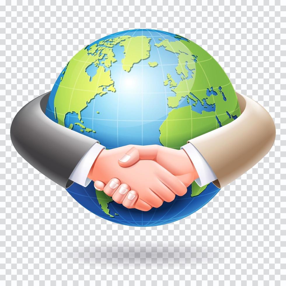 Business partnership conceptual design. Business people handshake around the world globe earth background. vector