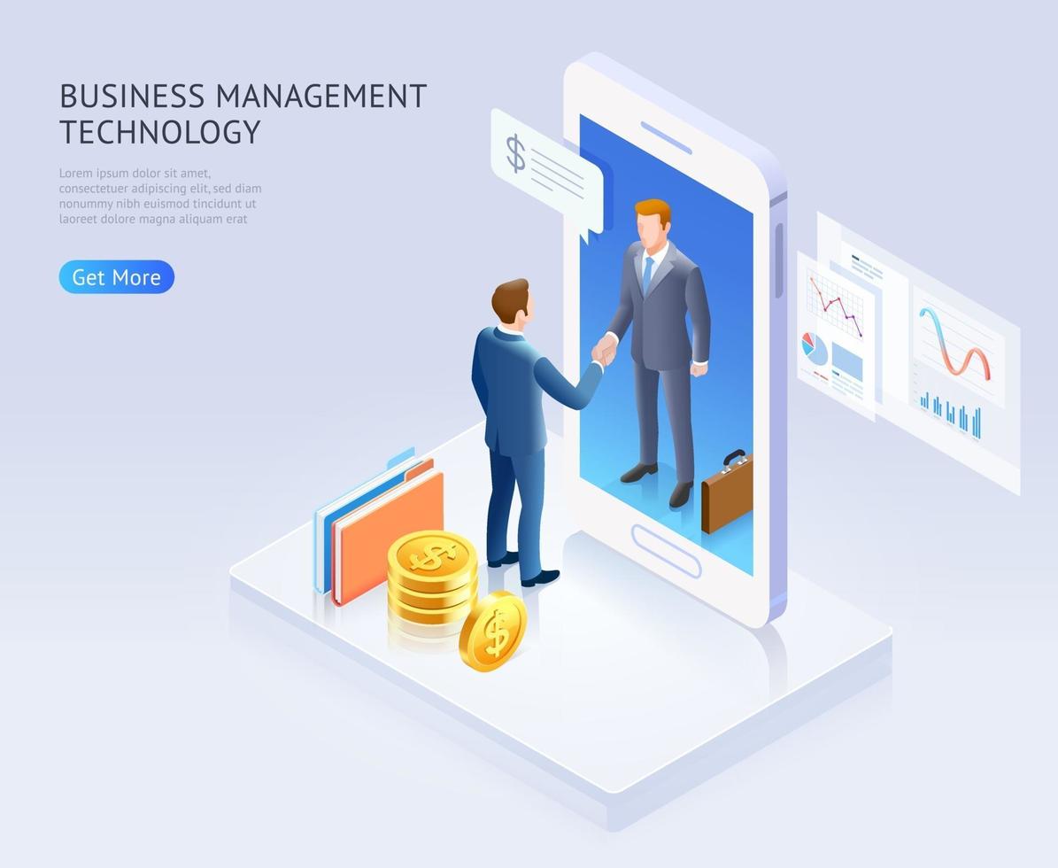 Business partnership conceptual design. Businessmen handshake together through mobile phone vector isometric