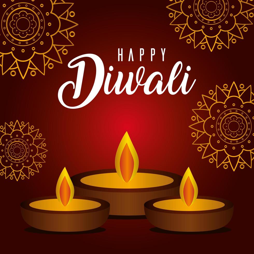 Happy diwali candles on a mandala background vector