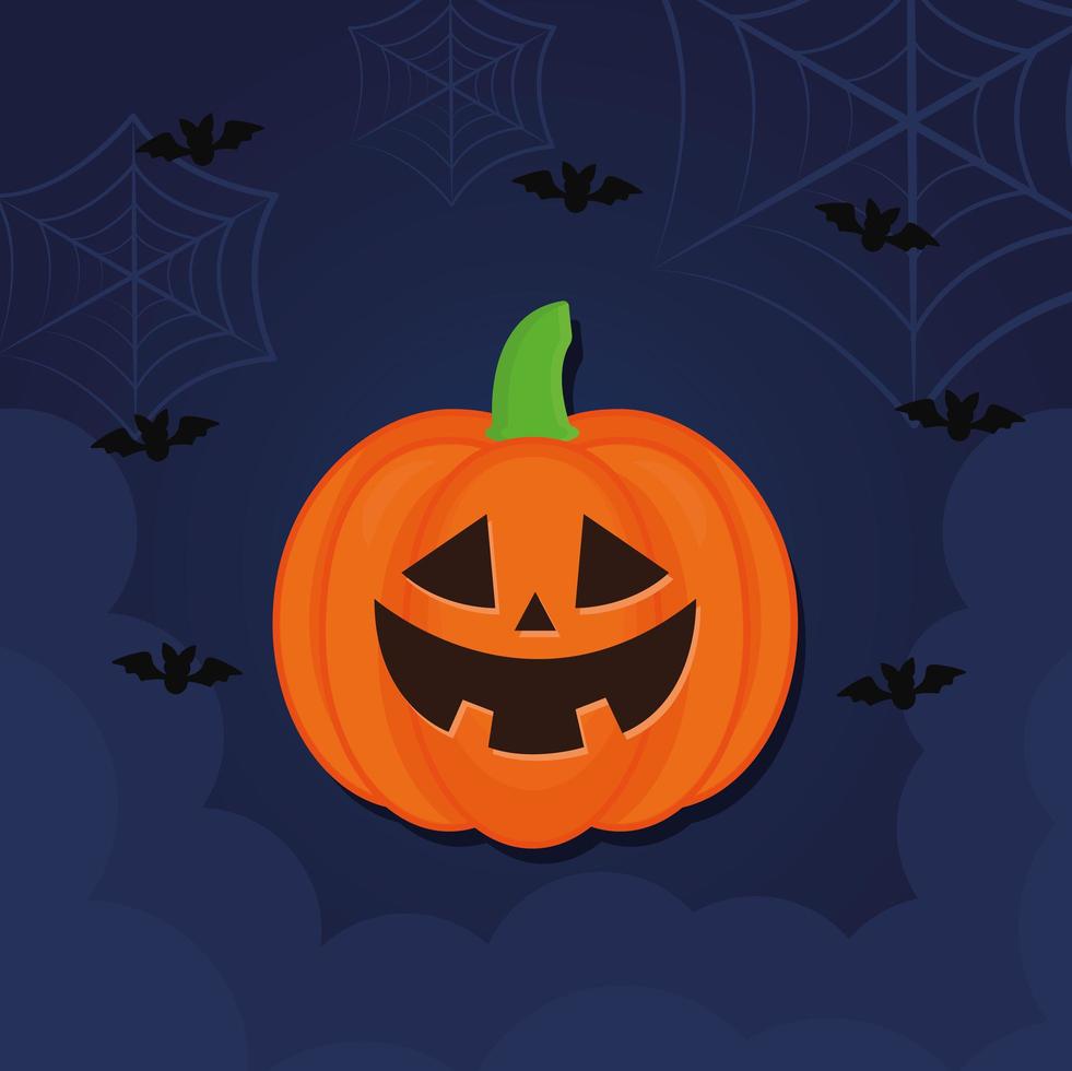 Halloween pumpkin with bats and spiderwebs vector design