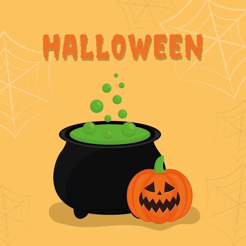 calabaza de halloween con diseño de vector de caldero de bruja