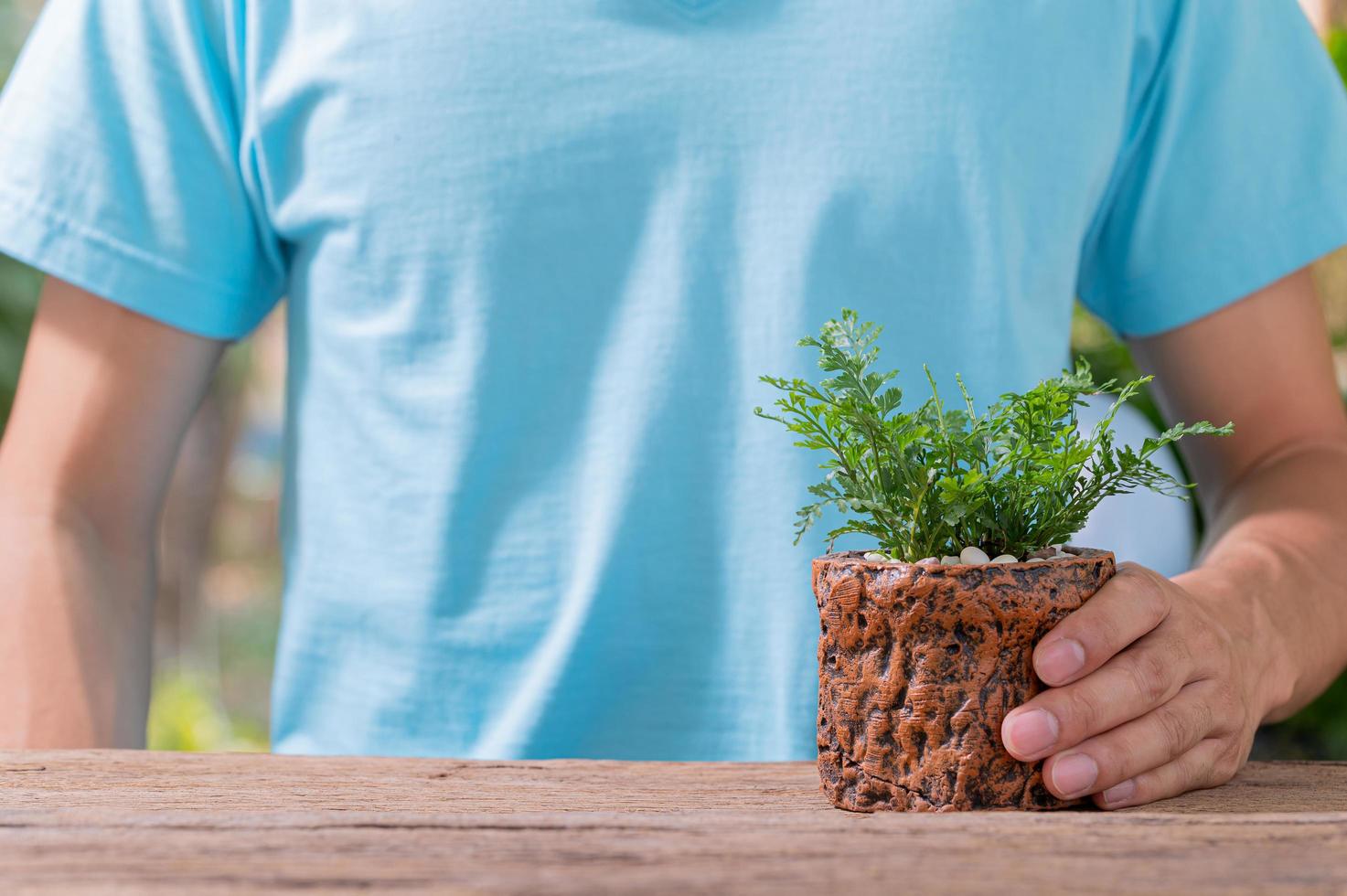 persona plantando árboles en macetas, concepto de amor, las plantas aman el medio ambiente foto