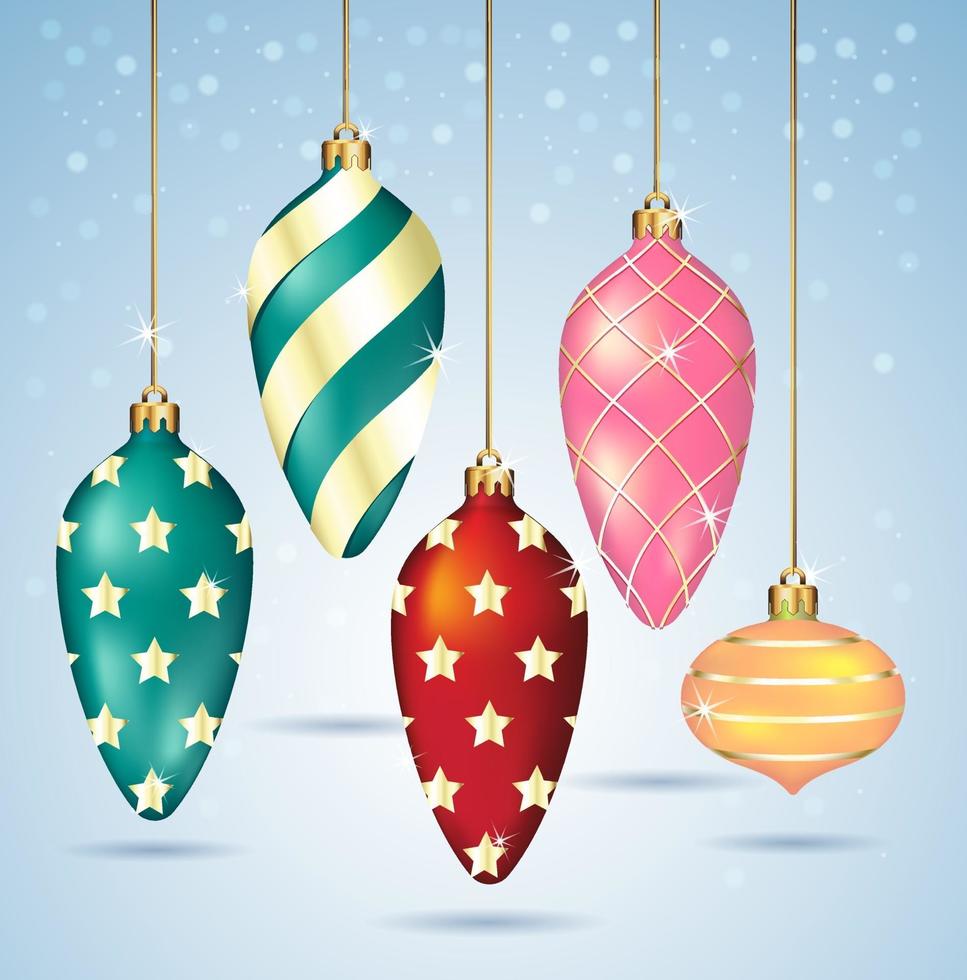 Christmas balls ornaments hanging on gold thread. Vector illustrations.