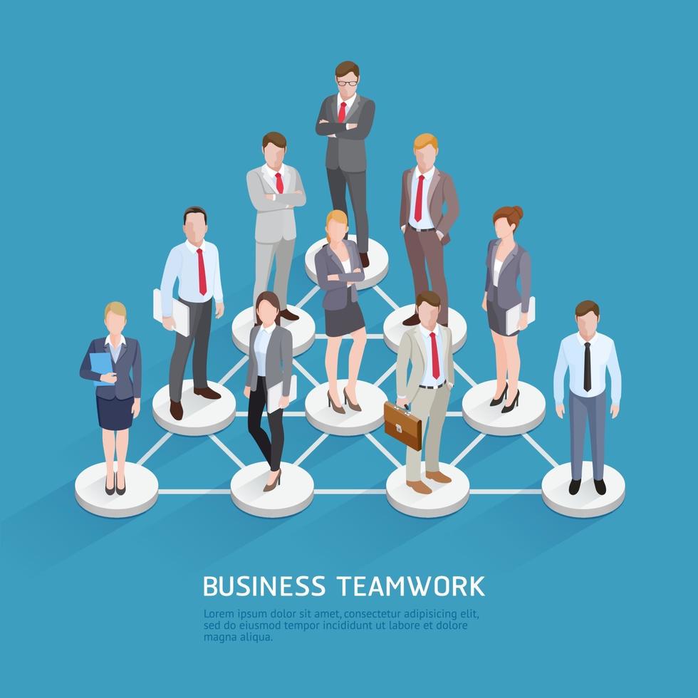 Business Teamwork Concepts. Business People Standing At Dots And Connected Lines. Isometric Vector Illustration.