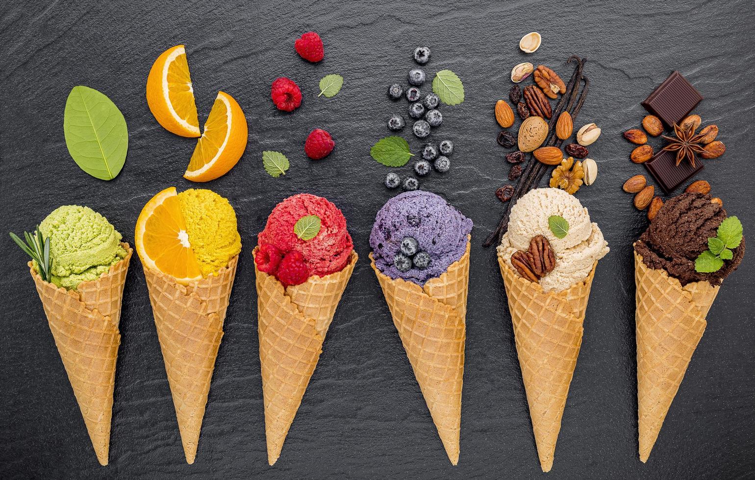 Ice cream and toppings flat lay photo