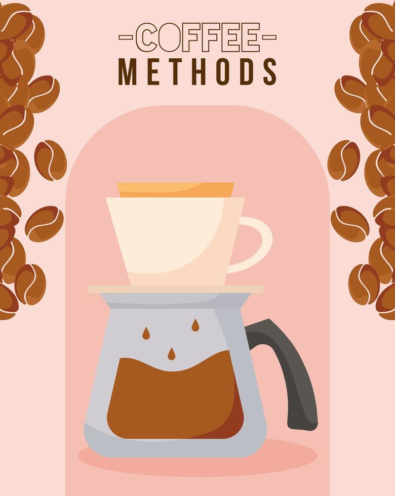 métodos de café con diseño de vector de olla, taza y frijoles