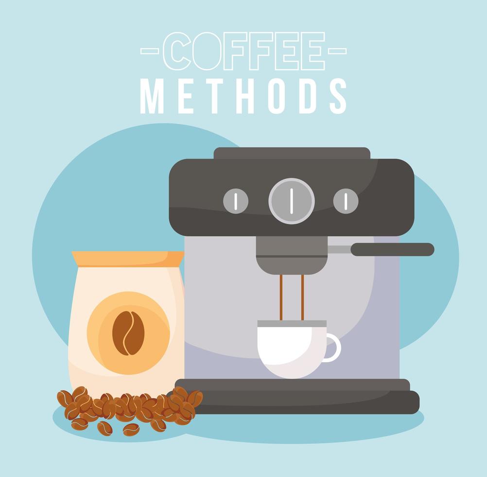 coffee methods with machine, cup, and bean bag vector design