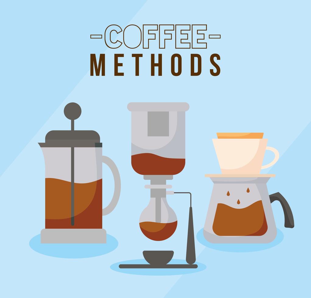 coffee methods with siphon machine, french press, and pot vector design