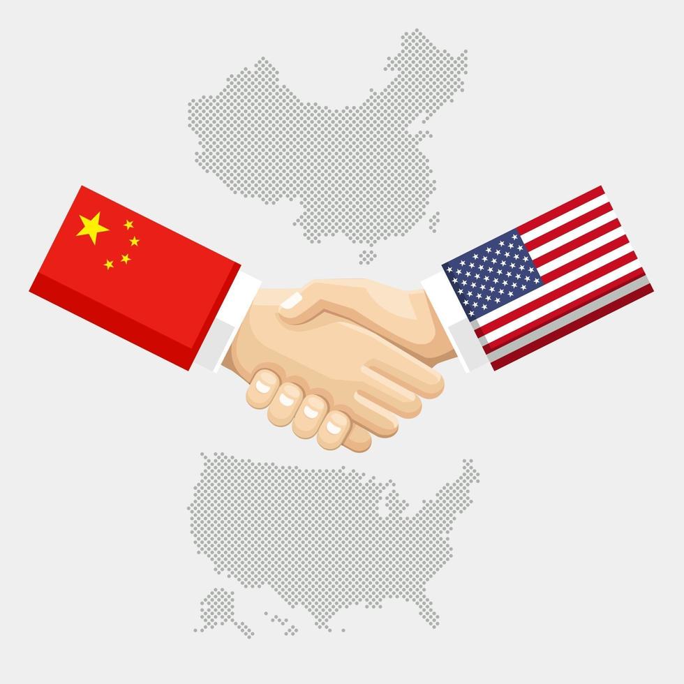 Business partnership connection concept. flags of United States and China on sleeves of the handshake. Vector illustration.