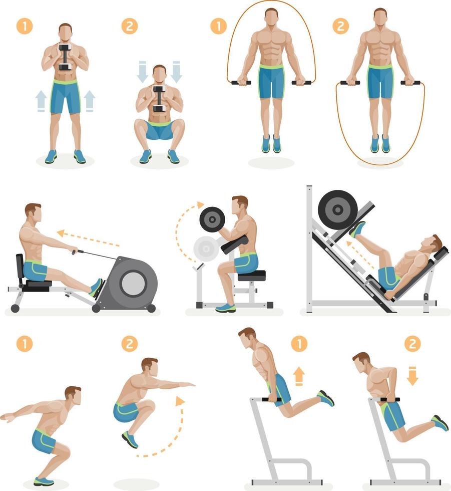 Gym exercises machines sports equipment. Vector Illustration.