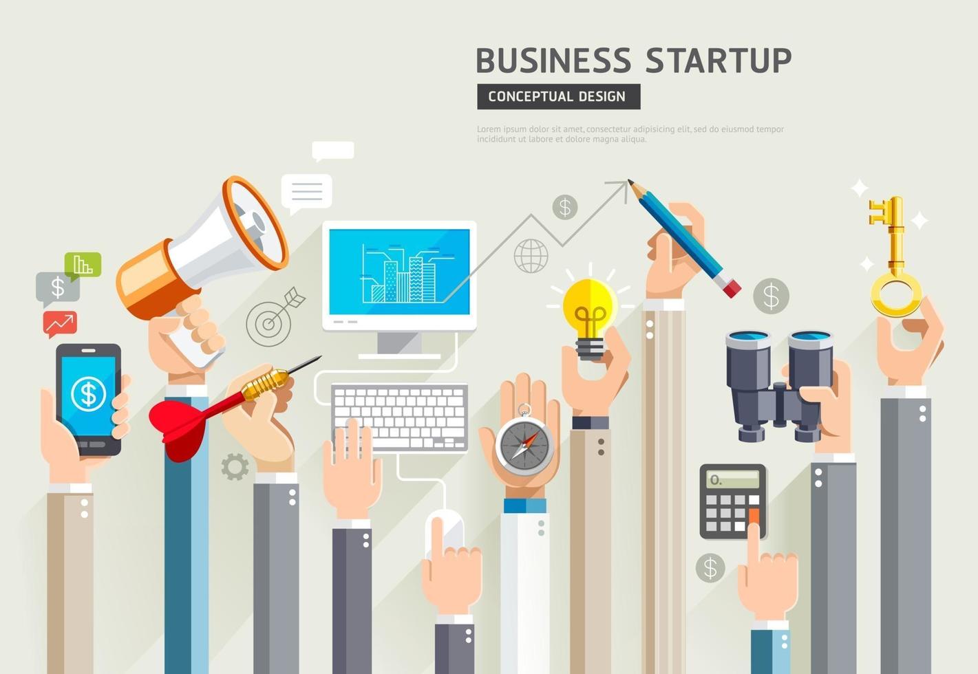 Business start up conceptual design. Set of business hands services. Vector Illustrations.