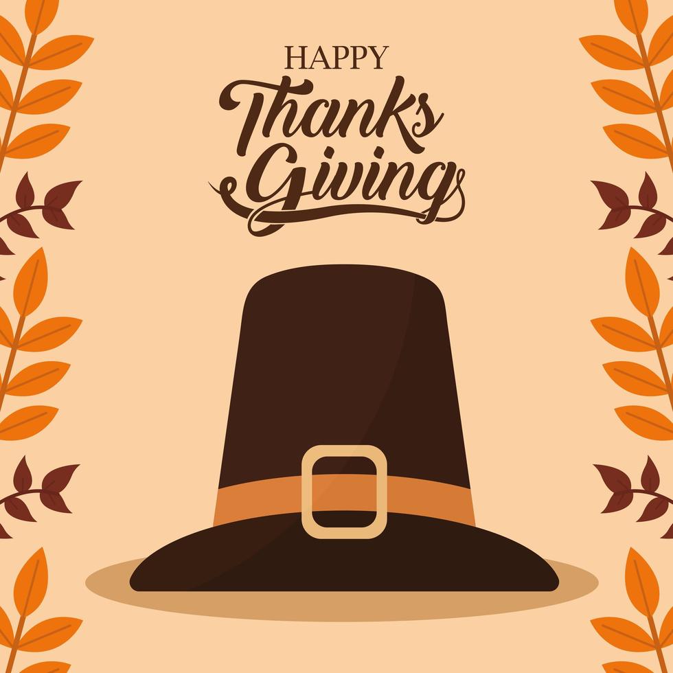 happy thanksgiving day with hat and leaves vector design