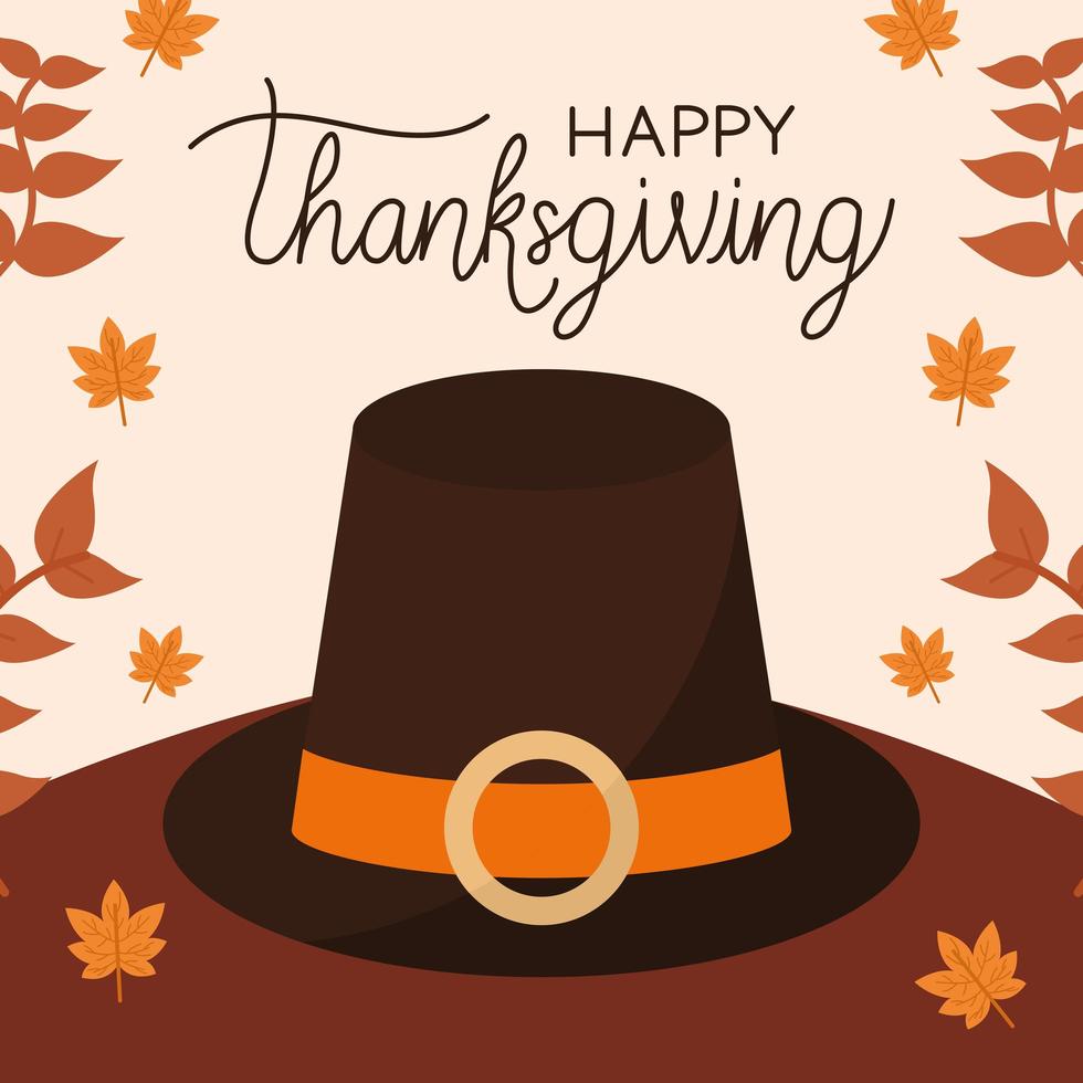 happy thanksgiving day with hat and leaves vector design