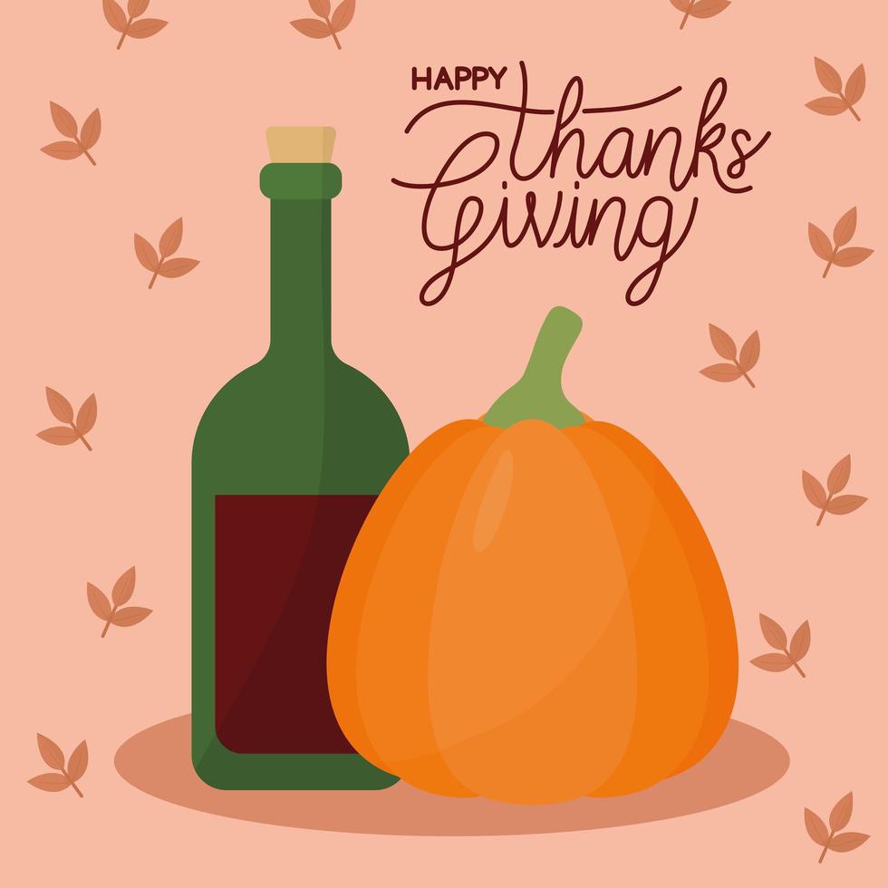 feliz día de acción de gracias con vino de calabaza y hojas de diseño vectorial vector