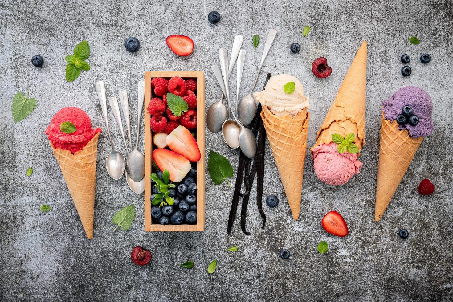 Top view of ice cream and berries photo