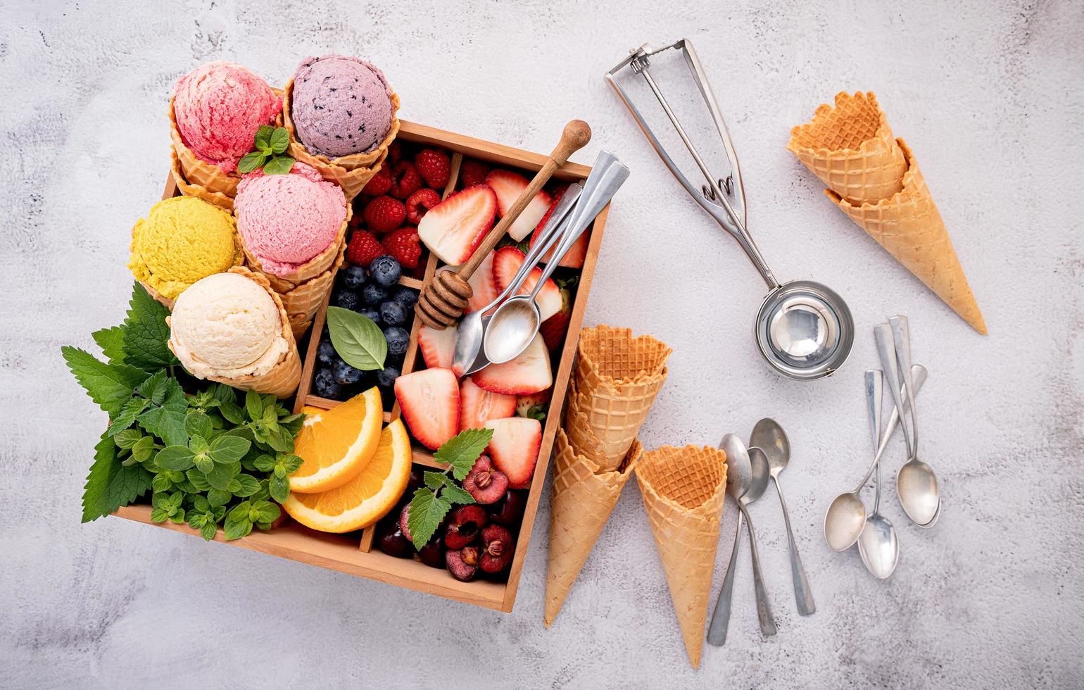 Box of ice cream and fruit photo