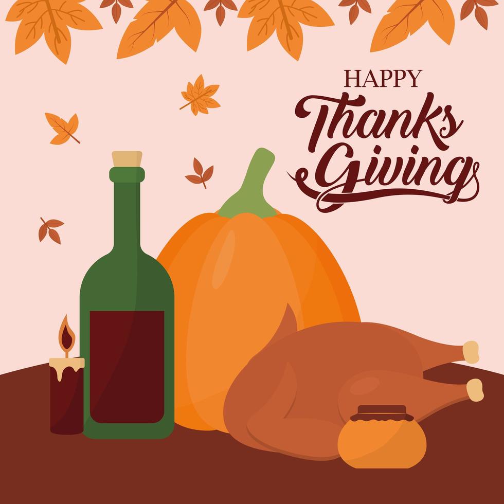 happy thanksgiving day with pumpkin wine chicken honey and leaves vector design