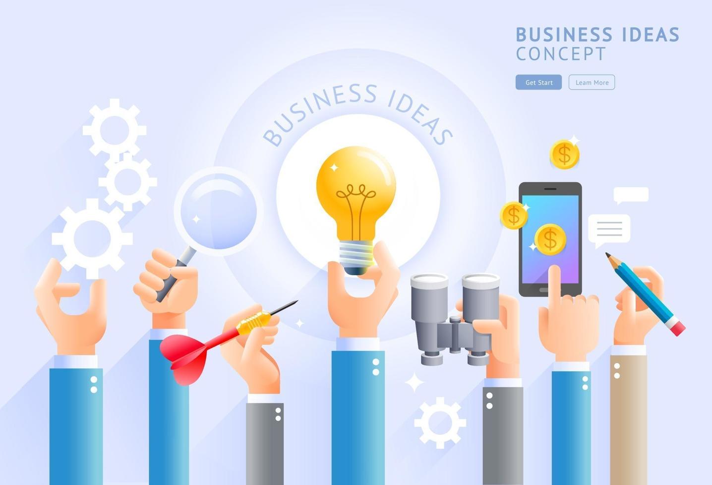 Business ideas concept. Group of Business hands holding light bulb, mobile phone, Magnifier, gear, darts and pencils. Vector Illustrations.
