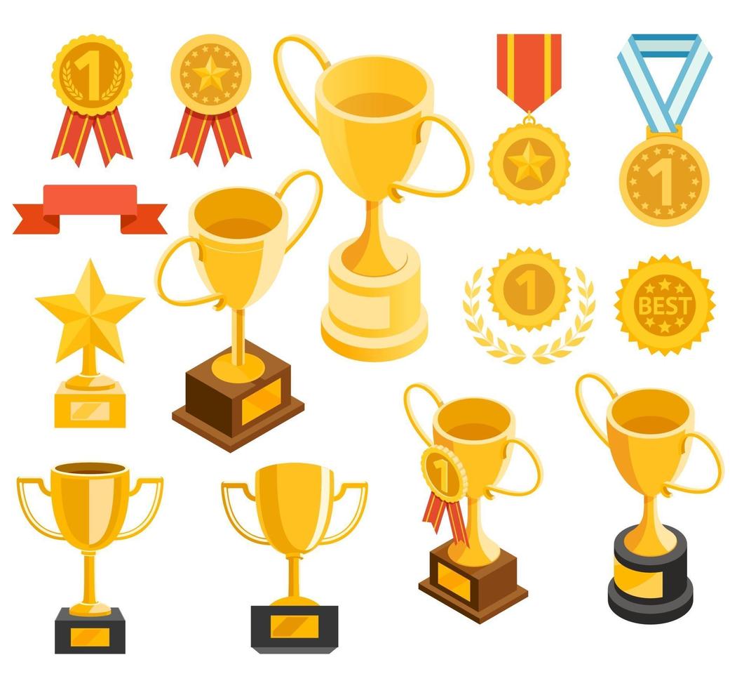 Golden trophy and medal material icons. Vector illustrations.