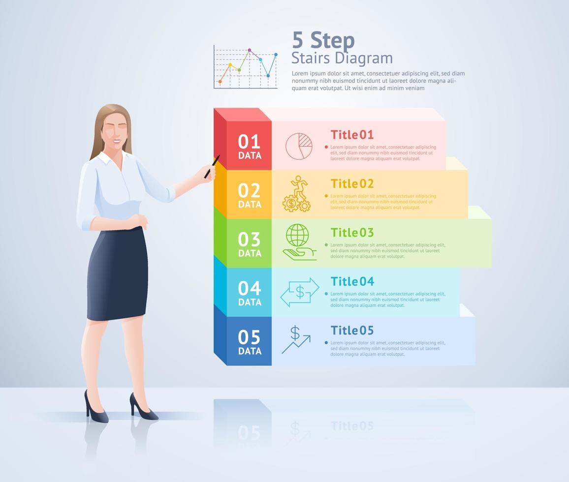 Business woman standing presentation with infographics vector illustrations.