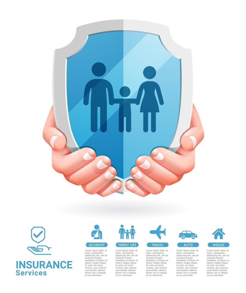 Insurance services concept. Two hands with shield vector illustrations.