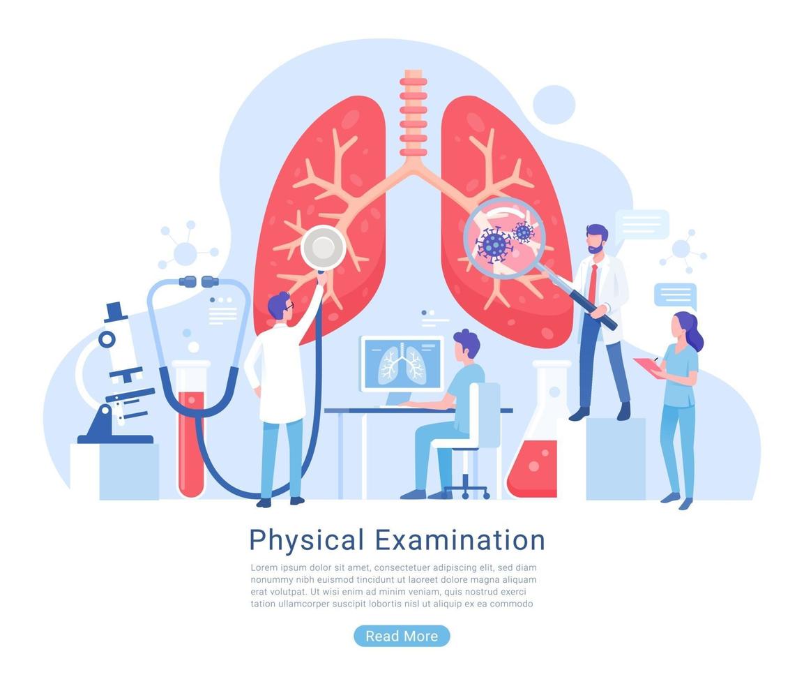Ilustración de vector de examen y tratamiento del sistema físico y respiratorio.