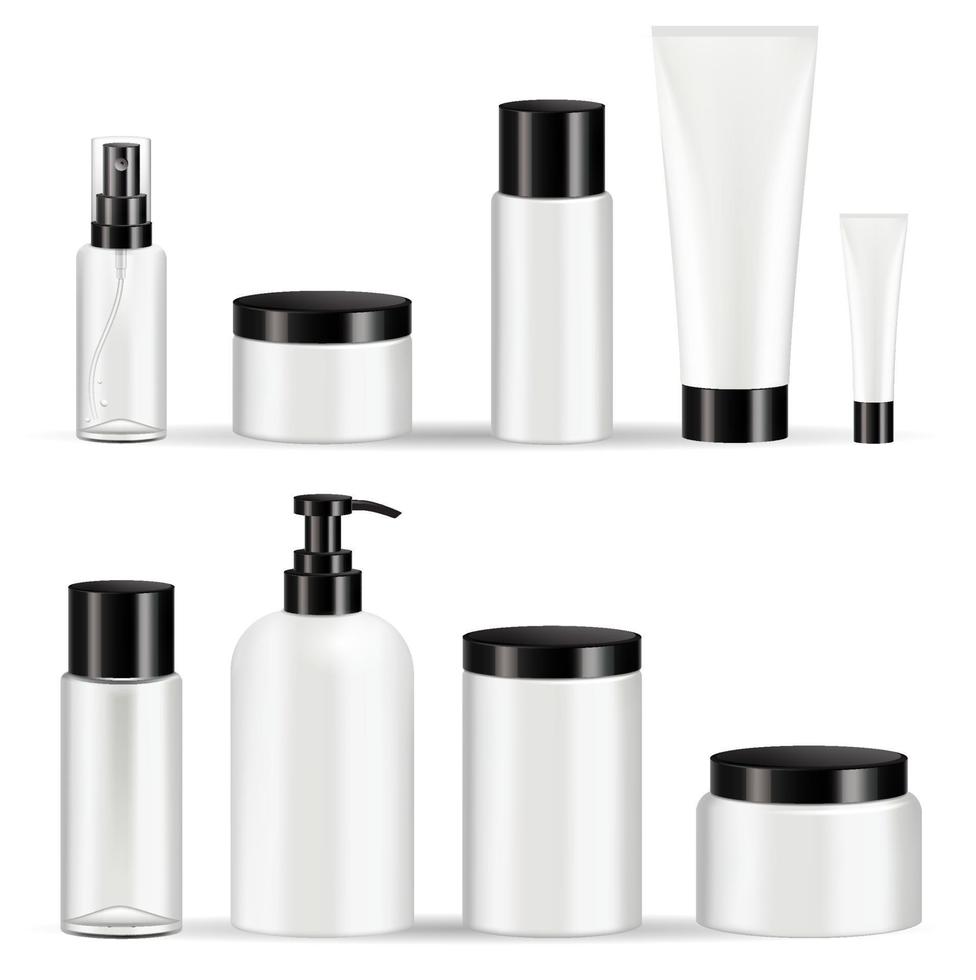 Cosmetic bottles packaging set vector illustrations.